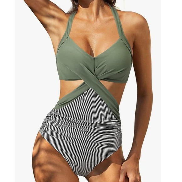 Other - Womens Olive Green Striped Halter One Piece Swimsuit Women's Size M